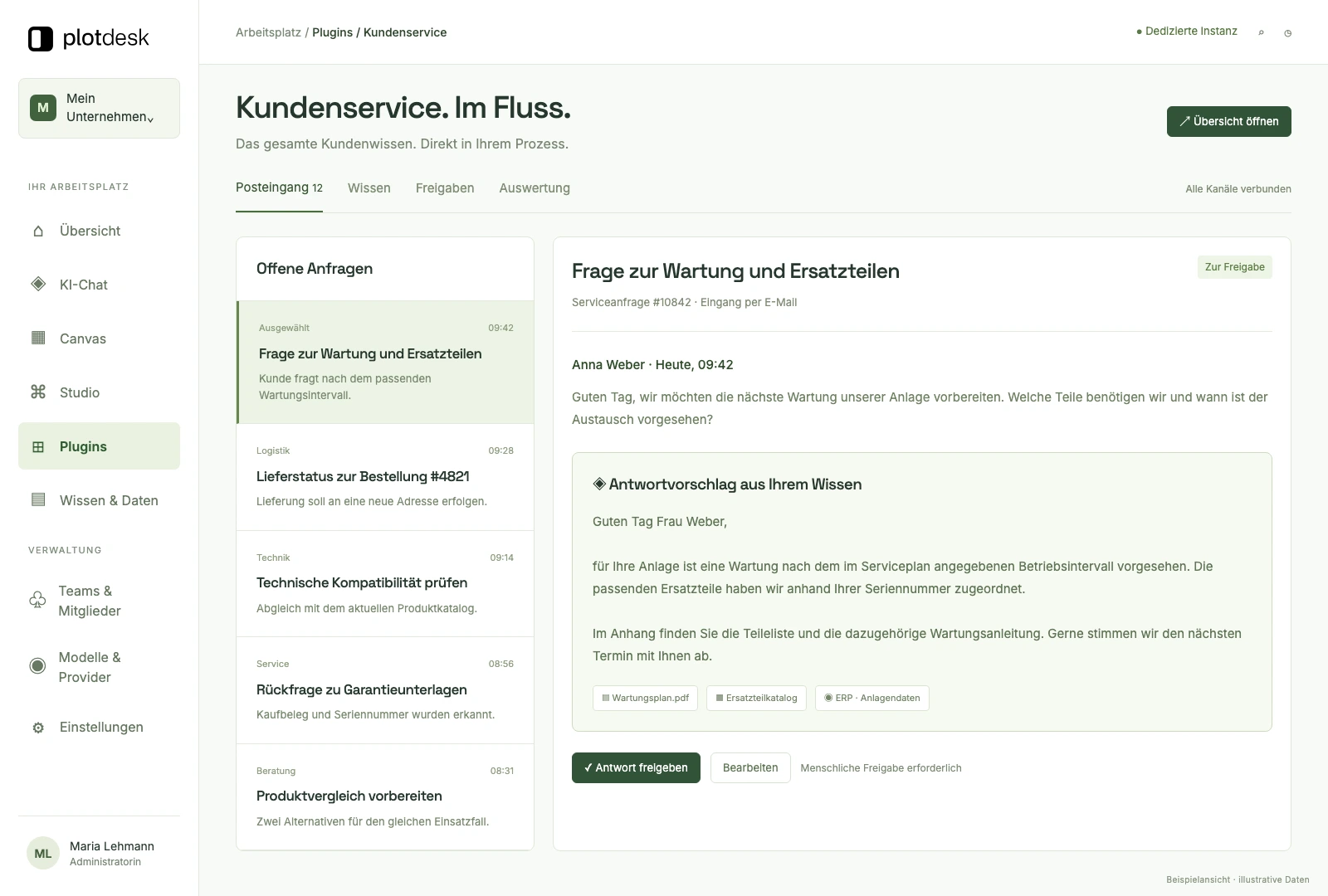 Beispielansicht: individuell gebaute Kundenservice-Oberfläche in Plotdesk